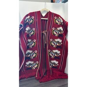 Vintage Cuauhtemoc Mexican Poncho Aztec Warrior Knit Burgundy Red Fringe Wrap